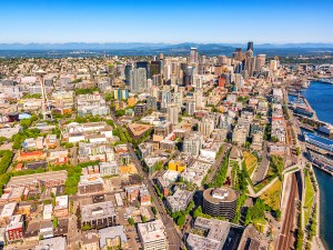 Wide angle aerial view of Seattle, Washington including the Queen Ann and Belltown neighborhoods shot via helicopter from an altitude of about 800 feet.