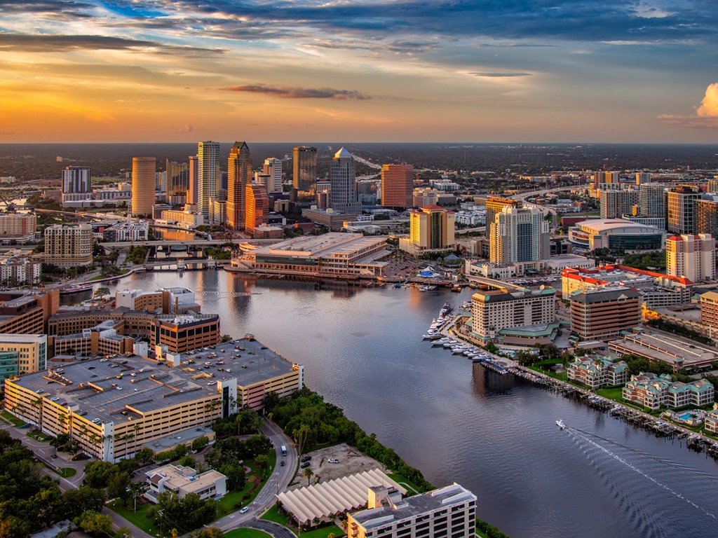 Aerial view of downtown Tampa, Florida shot via helicopter from an altitude of about 600 feet.