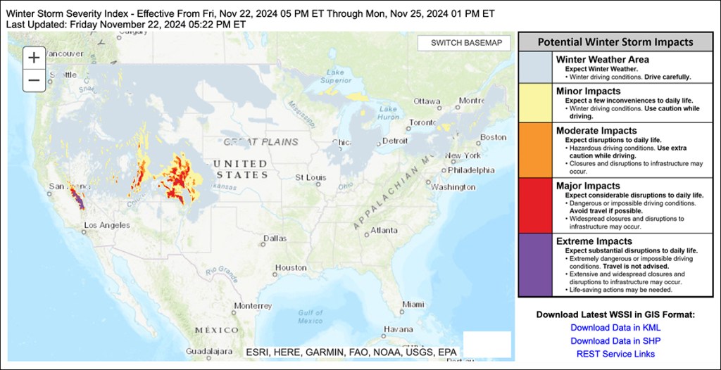 NOAA’s Weather Prediction Center maintains an interactive Winter Storm Severity Index showing potential winter storm impact in five categories, including Winter Weather Area, Minor Impacts, Moderate Impacts and Extreme Impacts. Image courtesy of NOAA
