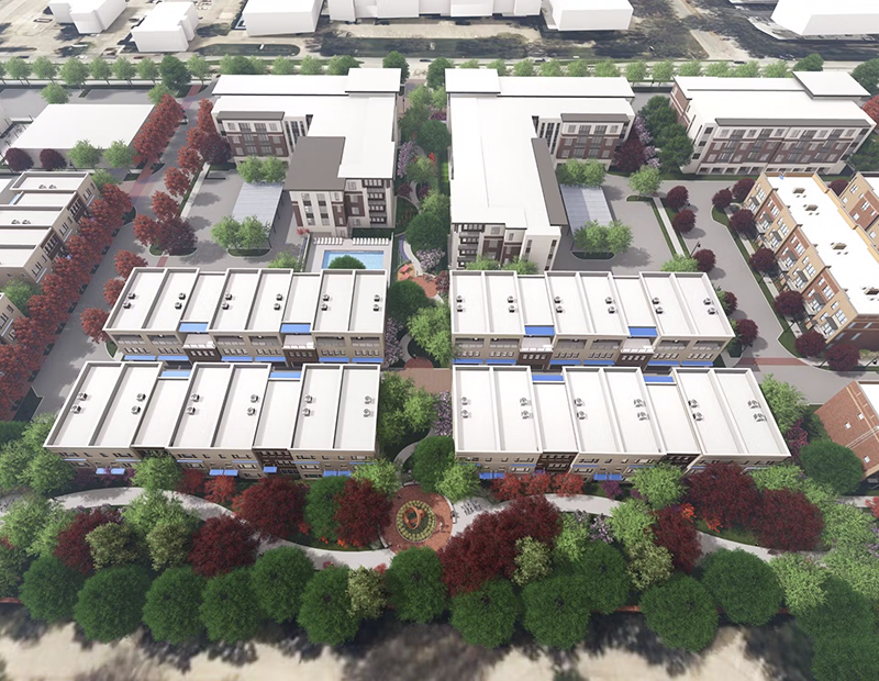 An aerial rendering of the luxury apartments and townhomes in AMLI Treehouse.