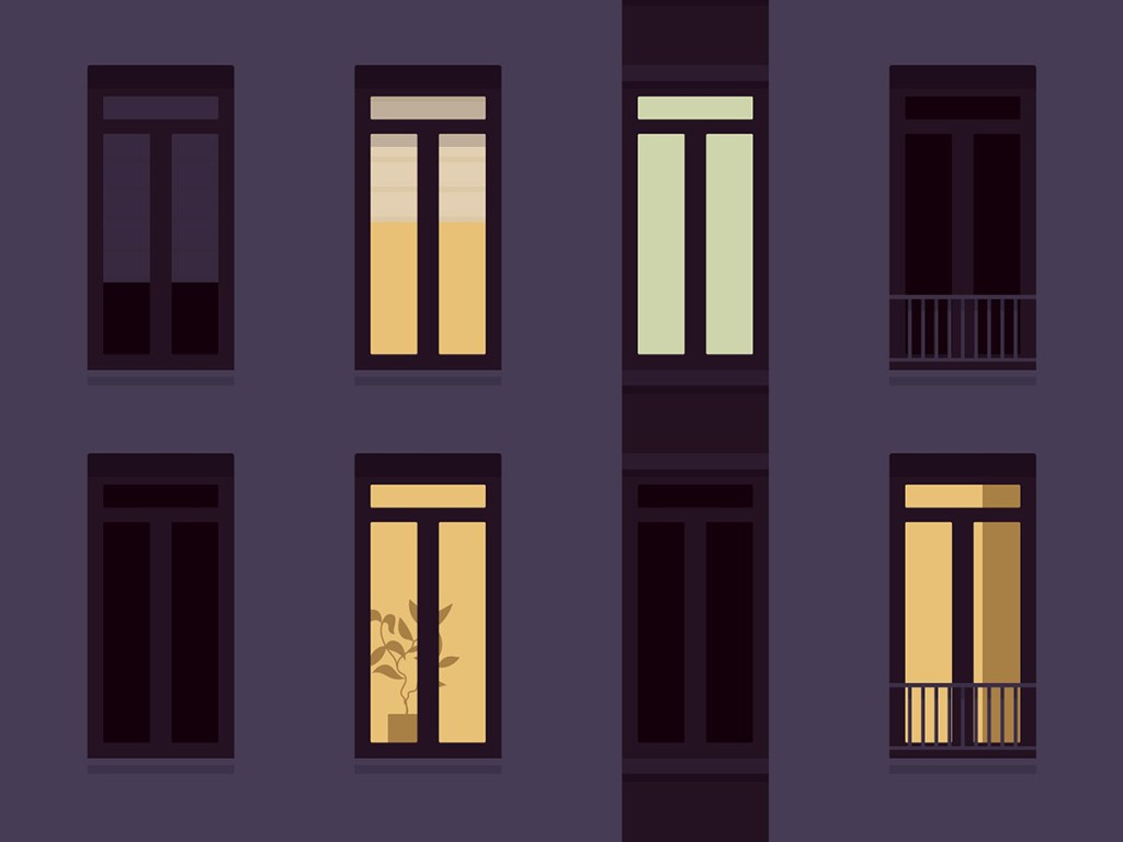 Night light house facade of dark, lighted windows. Residential development, dream home, unique urban, suburban modern elegant project for hospital, library, university building. Vector illustration