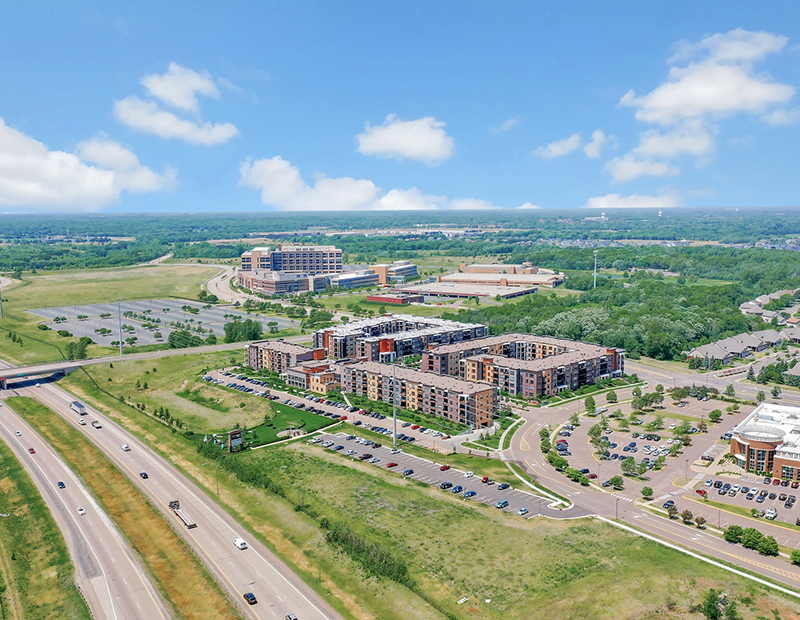 An aerial photo of 610 West Apartments in Brooklyn Park, Minn.
