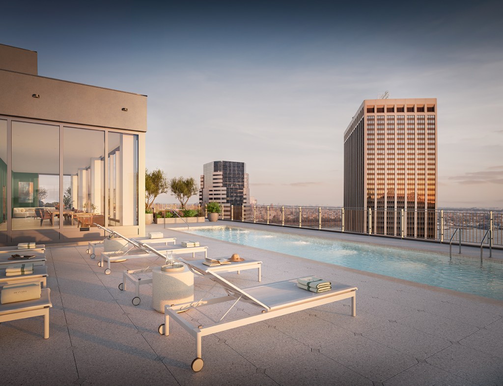 CetraRuddy’s design team took advantage of 55 Broad Street’s unique form, with setbacks that enabled a variety of apartment sizes and layouts, from studios to three-bedrooms, plus a luxury rooftop lounge. Rendering courtesy of Metro Loft