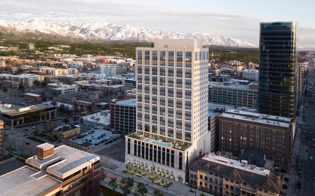 The new property, which will be rebranded as Serapah, will offer views of the city skyline, the Capitol and the Wasatch Mountains. Image courtesy of Hickok Cole