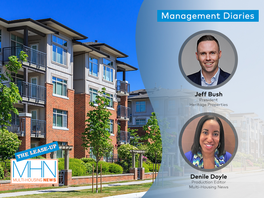 Management Diaries podcast graphic with photos of host Denile Doyle and guest Jeff Bush. 