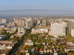 Aerial view of modern skyscraper buildings in San Jose, California, USA.