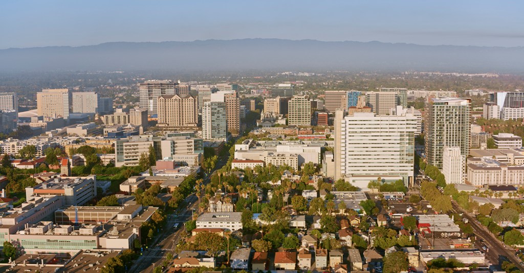 Aerial view of modern skyscraper buildings in San Jose, California, USA.