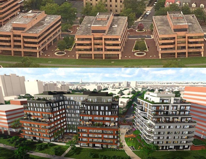 Former home to the American Physical Therapy Association,  a joint venture of Community Three Real Estate Development and Whitaker Investment Corp., is converting a a three-building former office park to Tidelock, a residential mixed-use project on the Potomic River in Alexandria Old Town North, with 169 apartments and 65 condominiums, and 7,000 sq. ft. of space that includes a 5,000-square-foot music school. (Images courtesy of Torti Gallas + Partners)


