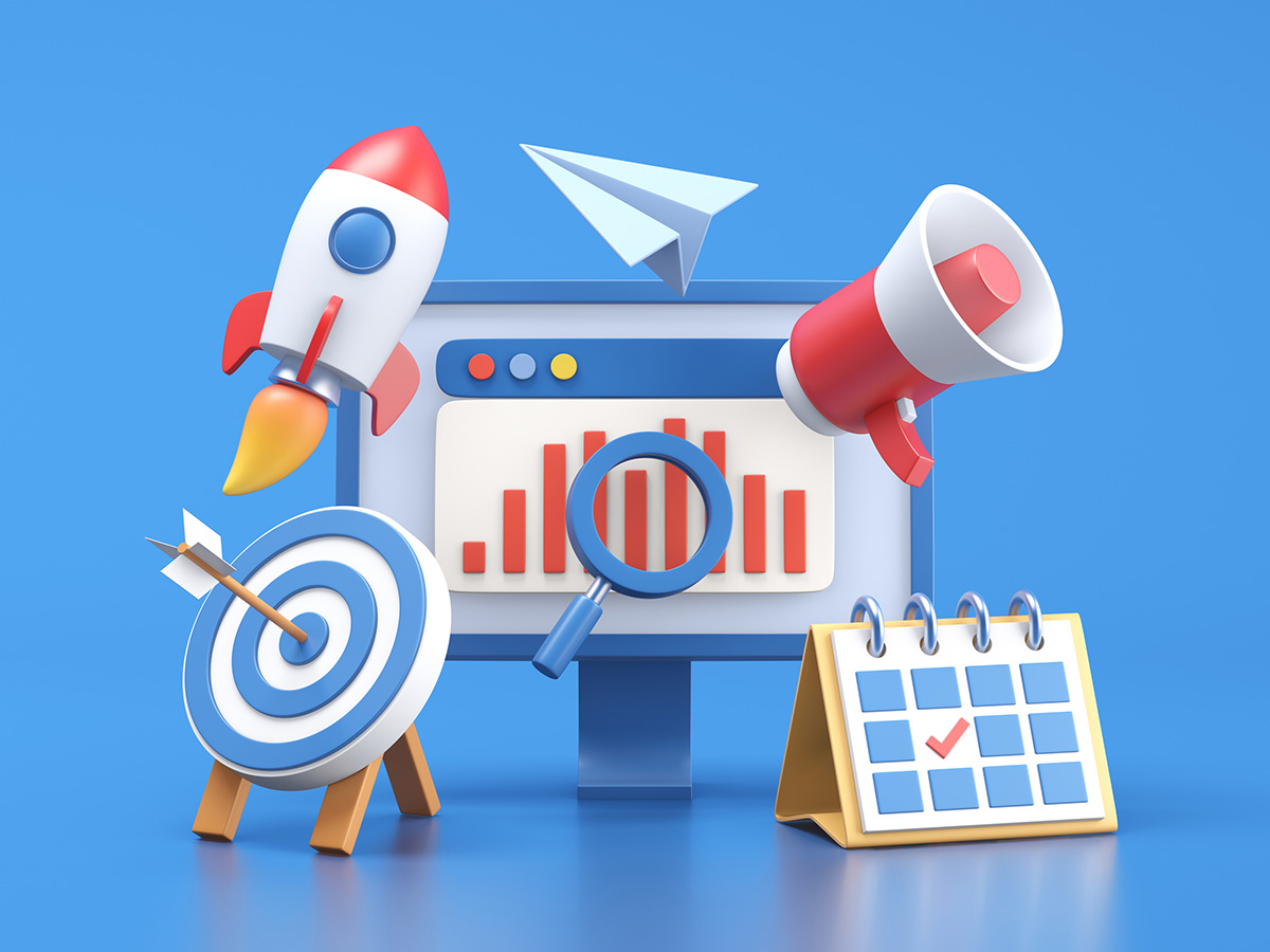 Illustration of computer, rocket, target, paper airplane, megaphone, calendar, web page, magnifying glass. 3d illustration