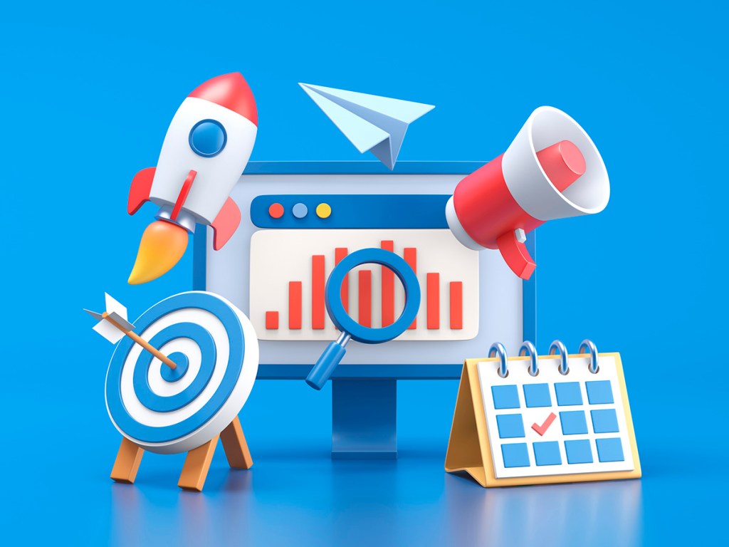 Illustration of computer, rocket, target, paper airplane, megaphone, calendar, web page, magnifying glass. 3d illustration