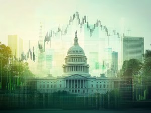 Capitol building superimposed with stock charts and city skyline, symbolizing the intersection of government, finance, and urban development in a modern context.