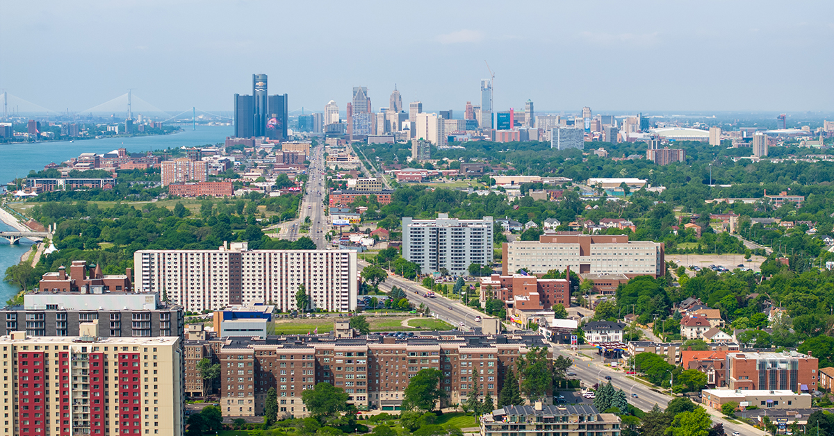 Aerial view of Detroit along the Detroit River.