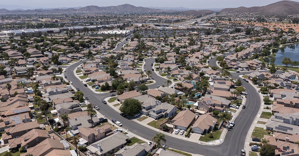 Menifee, California, USA - June 6, 2022: Afternoon light shines on a neighborhood and downtown core of Menifee.
