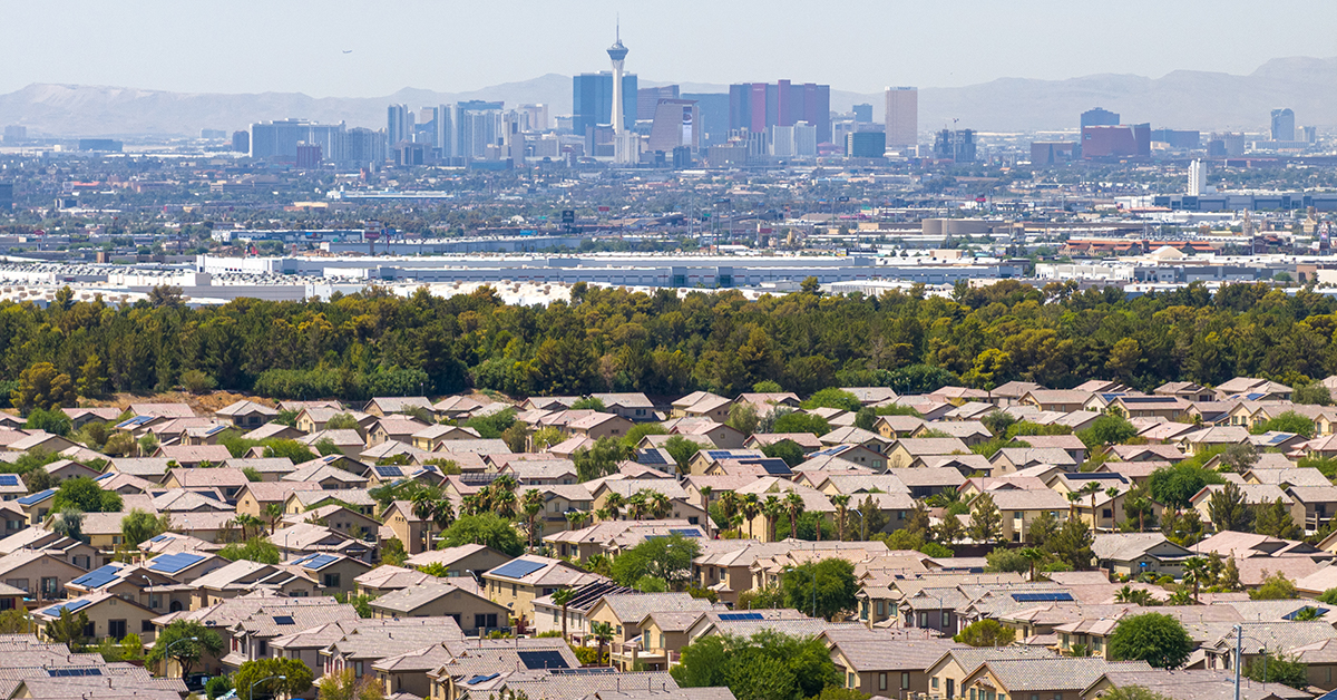 Aerial view of Las Vegas skyline and housing development.