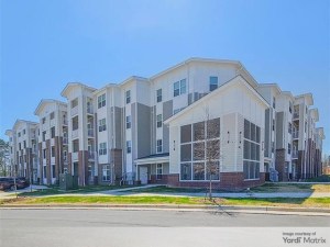 Exterior shot of Eastway Crossing, an affordable senior housing community developed by Harmony Housing, Greystone Affordable Development and Urban Trends Real Estate.