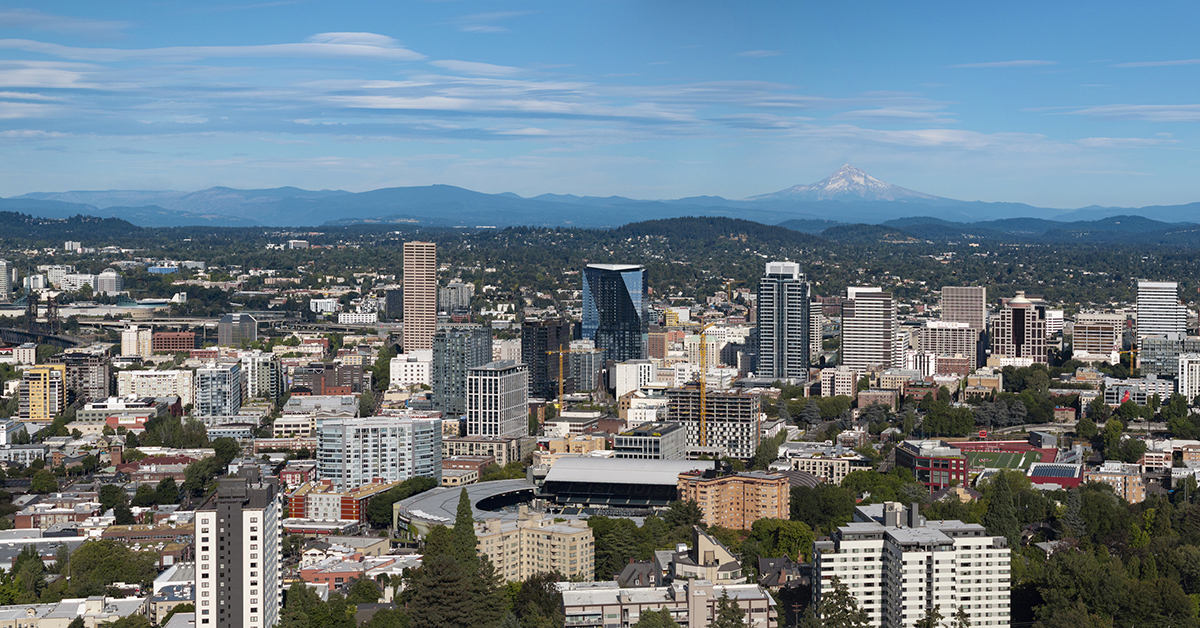 An aerial summertime view of Portland, Oregon.