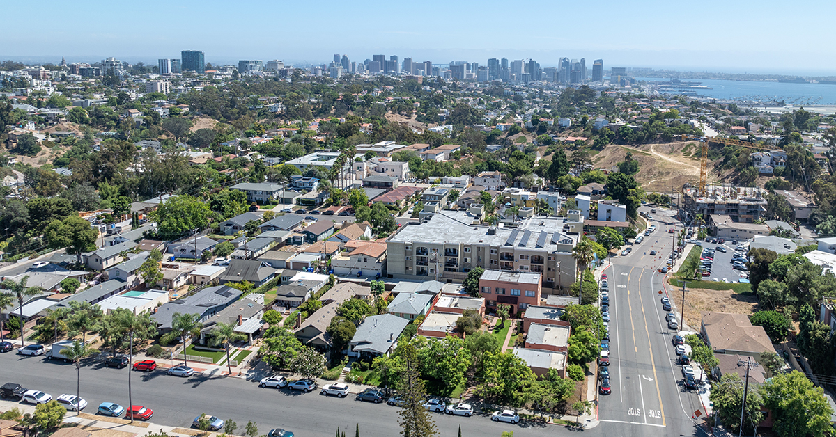 Aerial view above Hillcrest neighborhood in San Diego, South California. USA. High quality photo