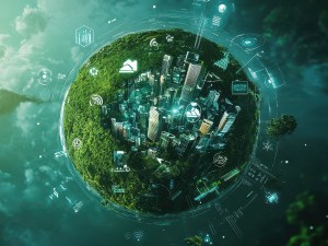 AI Generated image depicting a green planet with a city on it