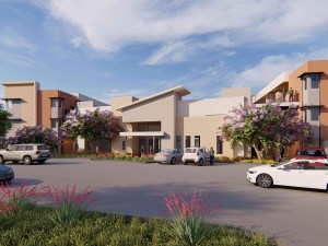 Rendering of amenity space at Cabana Kyrene, a new low-rise workforce housing building in Tempe, Ariz