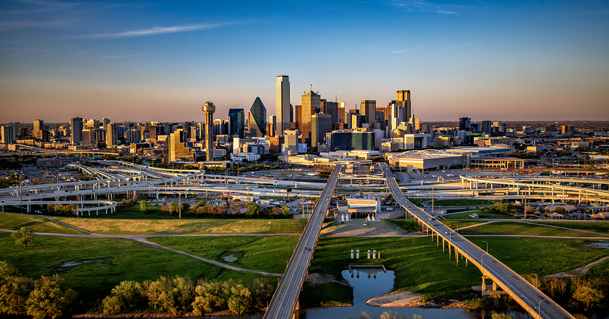 Beautiful downtown Dallas, Texas shot via helicopter from an altitude of about 800 feet at dusk on an early spring evening.