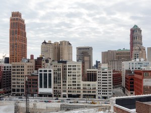 Downtown Detroit Michigan buildings skyline. Photo taken on a cloudy winter day