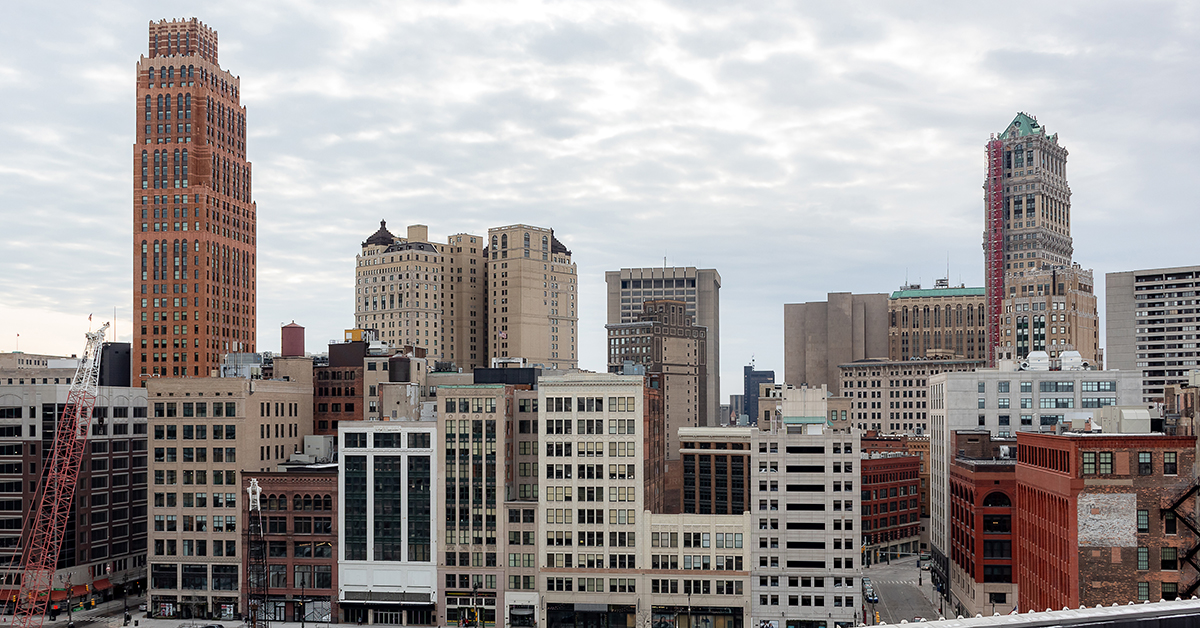 Downtown Detroit Michigan buildings skyline. Photo taken on a cloudy winter day