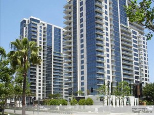 Exterior shot depicting the two towers of Essex Skyline in Santa Ana, Calif.