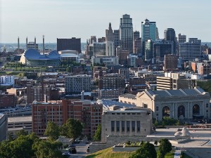 Aerial view of National WWI Museum and Memorial with downtown Kansas City, Missouri skyline during summer