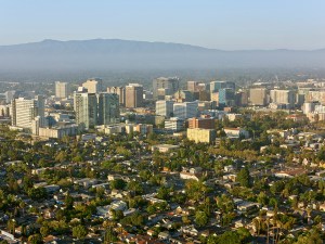 Aerial view of modern skyscraper buildings in San Jose, California, USA.