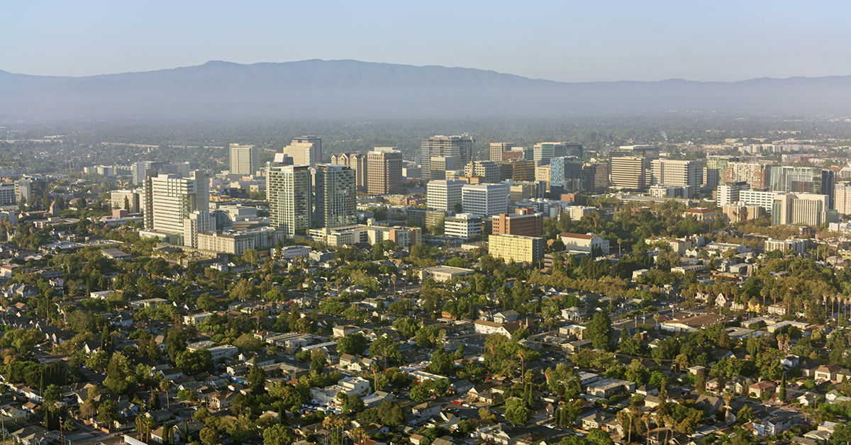 Aerial view of modern skyscraper buildings in San Jose, California, USA.