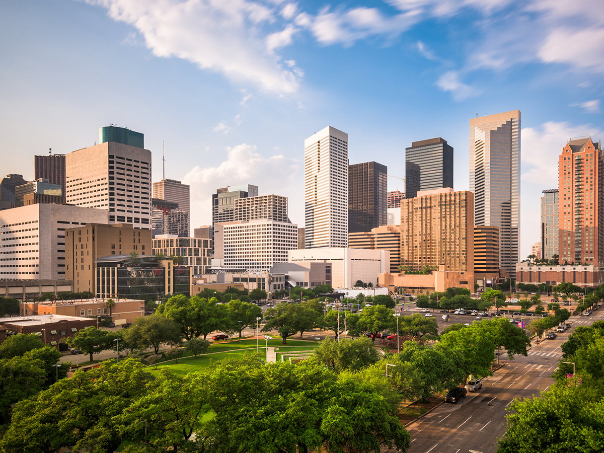 Houston, Texas, USA downtown city park and skyline.