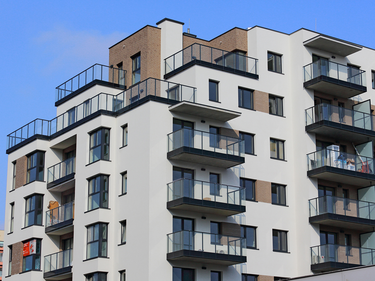 Warsaw, Poland - March 14, 2024: Part of a modern multi-family residential block can be seen in the Goclaw sub-district of Praga-Poludnie.