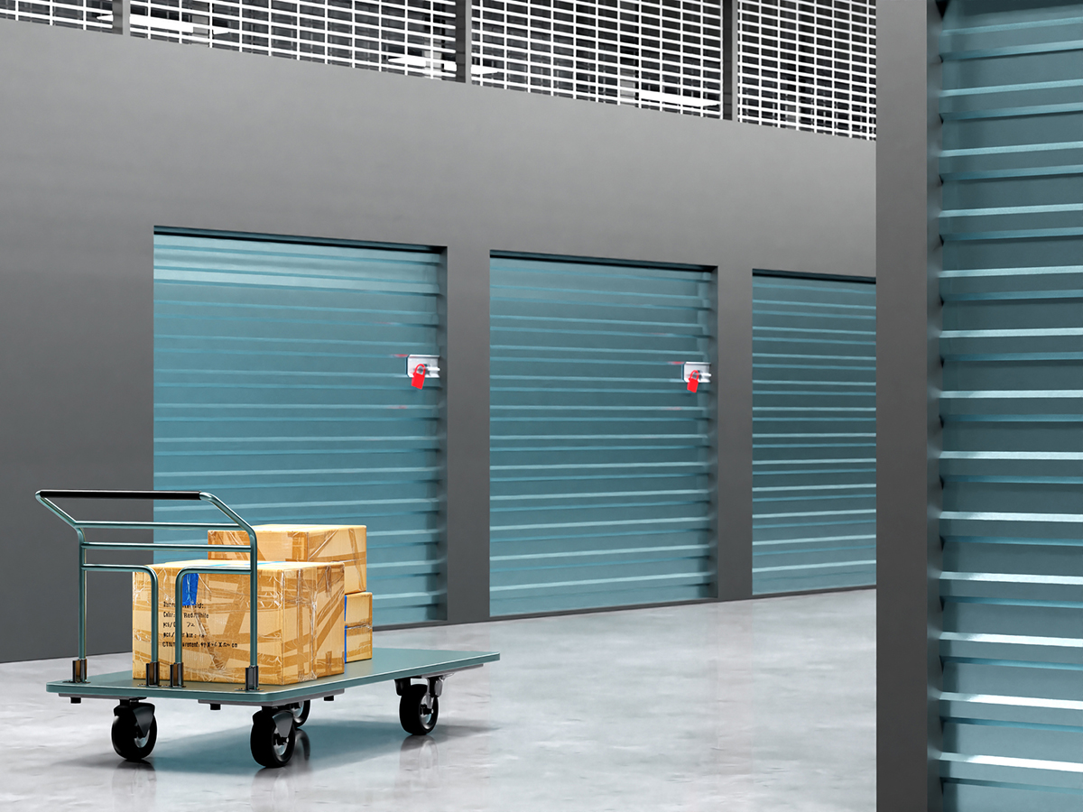 Self storage units. Boxes on cart near storage units. Concept - renting space in warehouse. Container rental for safekeeping. Storage company visualization. Large warehouse without anyone. 3d image.
