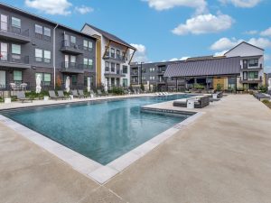 Pool-side shot of Azola Avery Center, a 359-unit apartment community in Round Rock, Texas.
