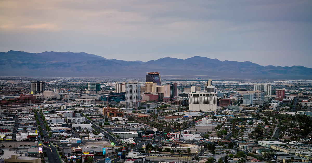 Aerial shot of the Las Vegas, Nevada cityscape at dusk.

Authorization was obtained from the FAA for this operation in restricted airspace.