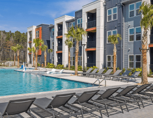 The pool deck at The Ames in Summerville, S.C.