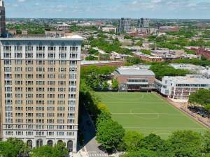 Drone shot of Webster House, a mixed-income property in Chicago purchased by Jonathan Rose Cos. through its Affordable Housing Preservation Fund VI.