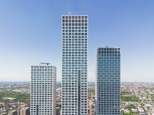 Aerial shot of the three Journal Squared luxury residential towers in Jersey City, N.J., which rise 70, 53, respectively 60 stories high.