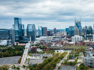 October 13, 2023, Nashville, TN: Aerial view of Nissan football stadium with downtown Nashville, Tennessee in the background