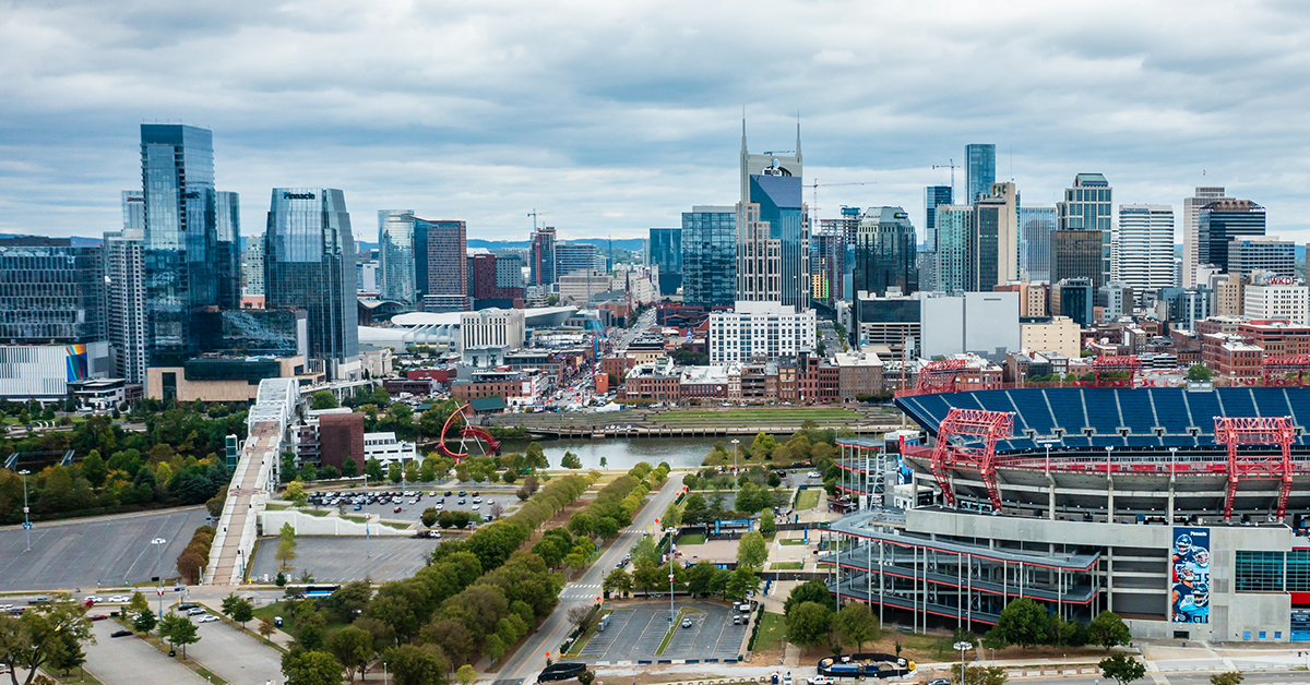 October 13, 2023, Nashville, TN: Aerial view of Nissan football stadium with downtown Nashville, Tennessee in the background