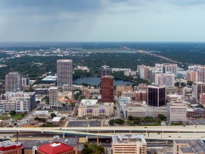 Drone shot of Orlando, Florida at sunset in May