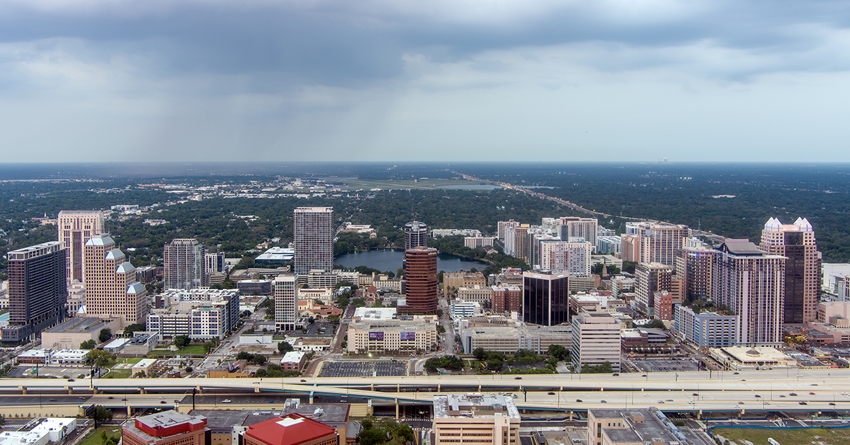 Drone shot of Orlando, Florida at sunset in May
