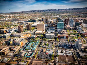 The beautiful skyline of Phoenix, Arizona shot via helicopter from an altitude of about 1000 feet.