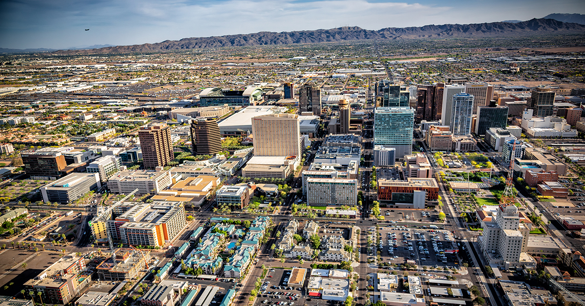 The beautiful skyline of Phoenix, Arizona shot via helicopter from an altitude of about 1000 feet.
