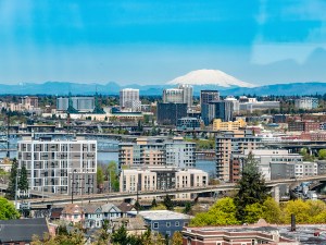 Portland, Oregon City Skyline With Mt. St. Helens