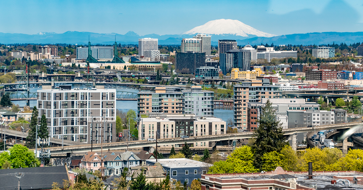 Portland, Oregon City Skyline With Mt. St. Helens