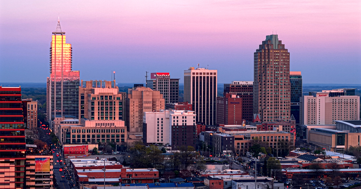 Raleigh Skyline  -  Downtown - North Carolina - Sun Set Drone - Telephoto