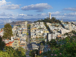 Telegraph Hill, Lombard Street, Yerba Buena Island, The Bay Bridge, Treasure Island, Coit Tower, and the San Francisco Bay visible from this high viewpoint in San Francisco, California