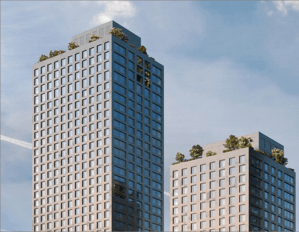 A rendering of the luxury towers at 355 Exterior St. in the Bronx, which also contain an affordable component.