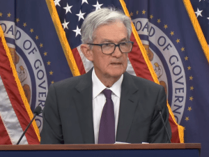 A photo of Fed chair Jerome Powell speaking at the July 30 press conference.